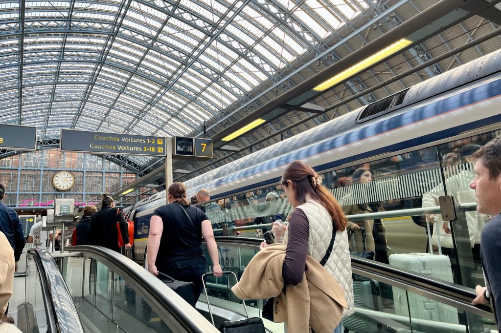 Passengers on the Eurostar train prepare to board at London’s St. Pancras station