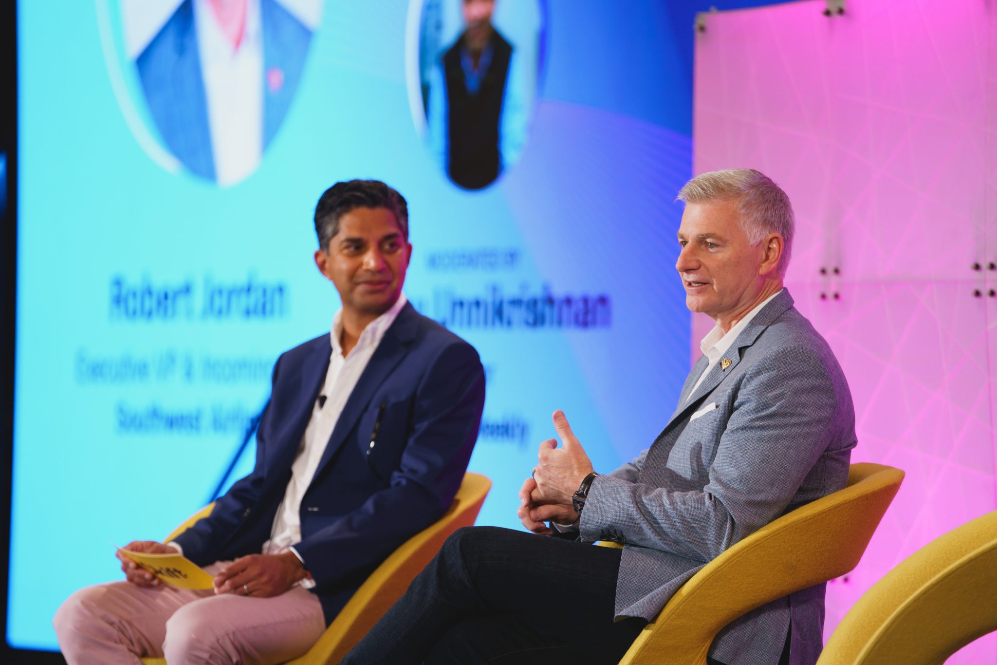 Southwest Airlines CEO Bob Jordan (R) at Skift Global Forum in New York City on September 23, 2021. The CEO says the airline has much to learn from this week’s failures. 