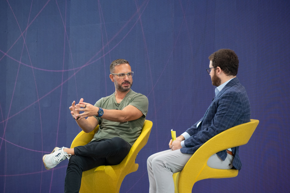 Navan CEO and co-founder Ariel Cohen (left) and Skift Research's Seth Borko in discussion at the Skift Global Forum in New York in September 2023. Source: Skift